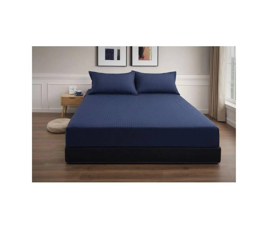 Cuvertură de pat cu elastic, 2 fețe de perna, damasc din bumbac, albastru, 180x200 cm