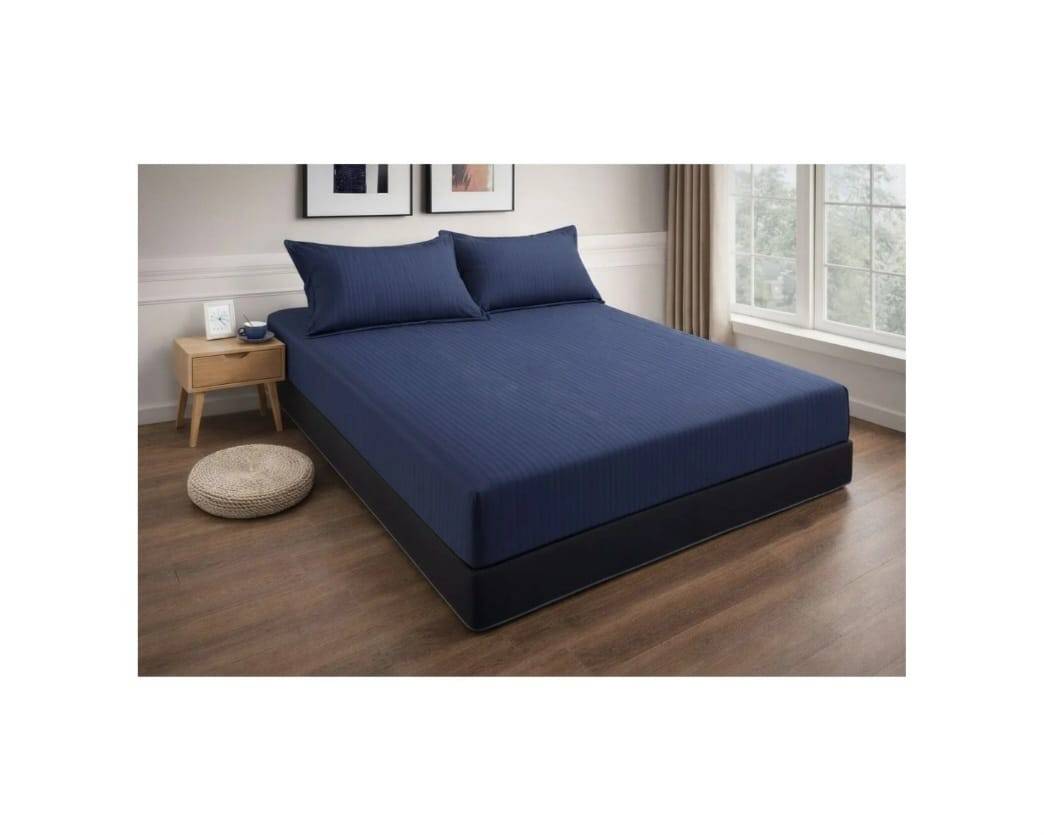 Cuvertură de pat cu elastic, 2 fețe de perna, damasc din bumbac, albastru, 180x200 cm