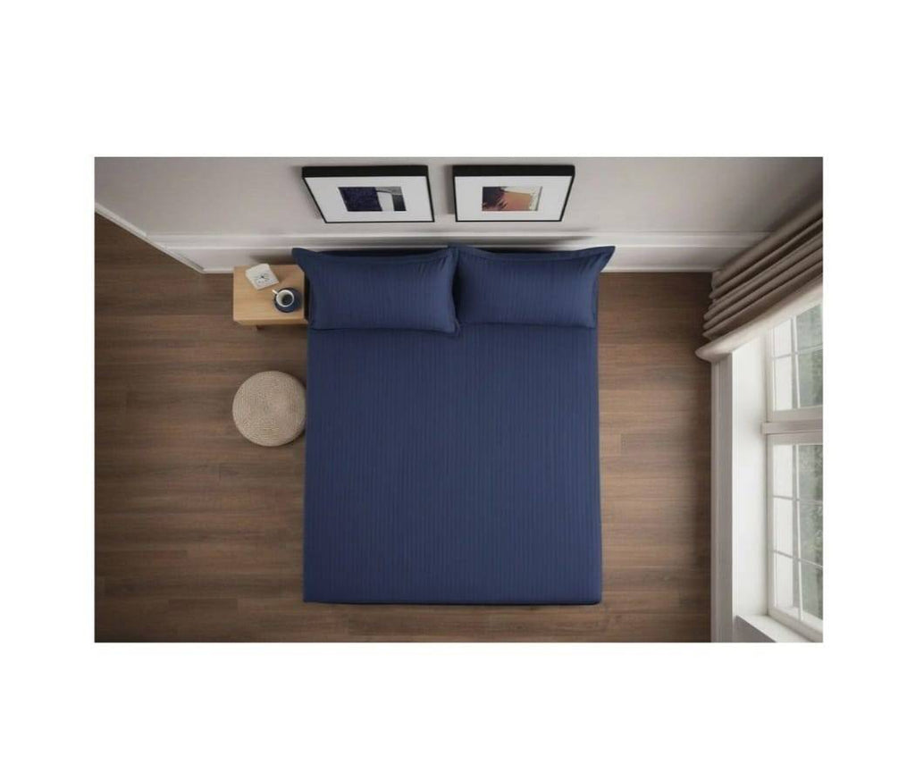 Cuvertură de pat cu elastic, 2 fețe de perna, damasc din bumbac, albastru, 180x200 cm