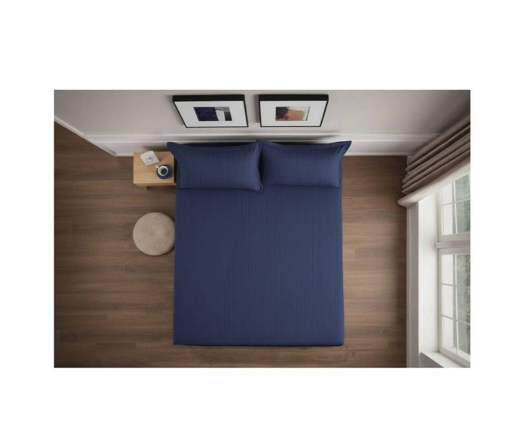 Cuvertură de pat cu elastic, 2 fețe de perna, damasc din bumbac, albastru, 180x200 cm