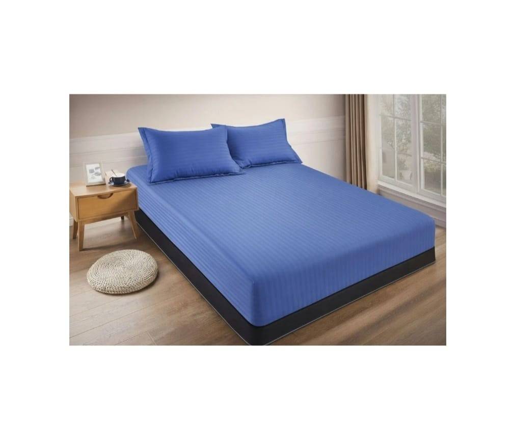 Cuvertură de pat cu elastic, 2 fețe de perna, damasc din bumbac, albastru deschis, 180x200 cm