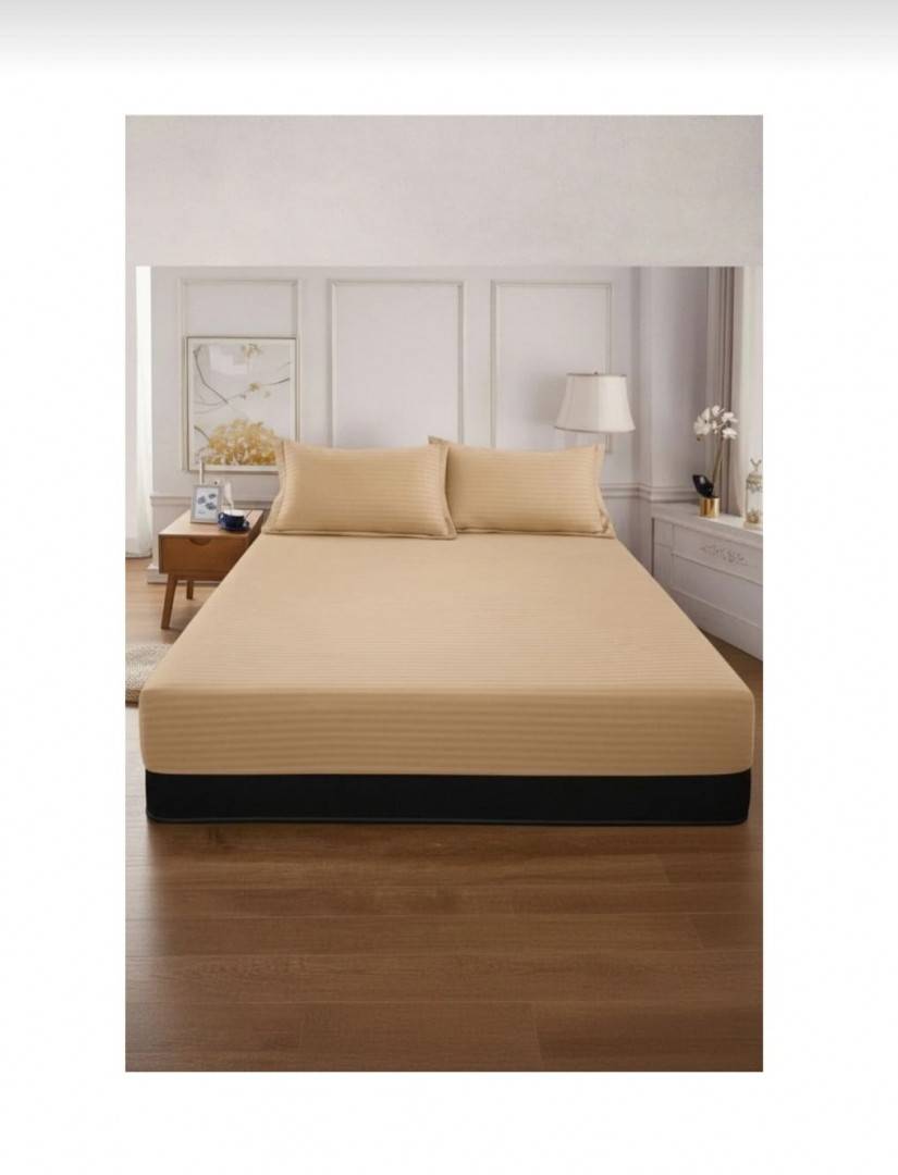 Cuvertură de pat cu elastic, 2 fețe de perna, damasc din bumbac, bej, 180x200 cm