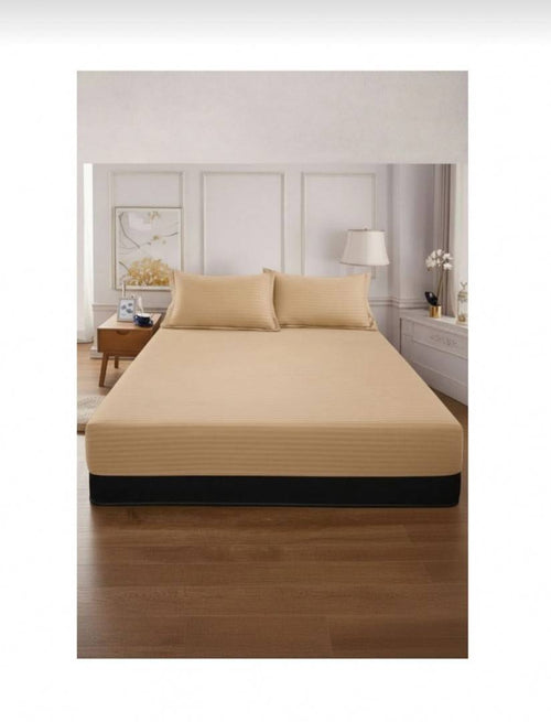 Cuvertură de pat cu elastic, 2 fețe de perna, damasc din bumbac, bej, 180x200 cm | Masha Shop