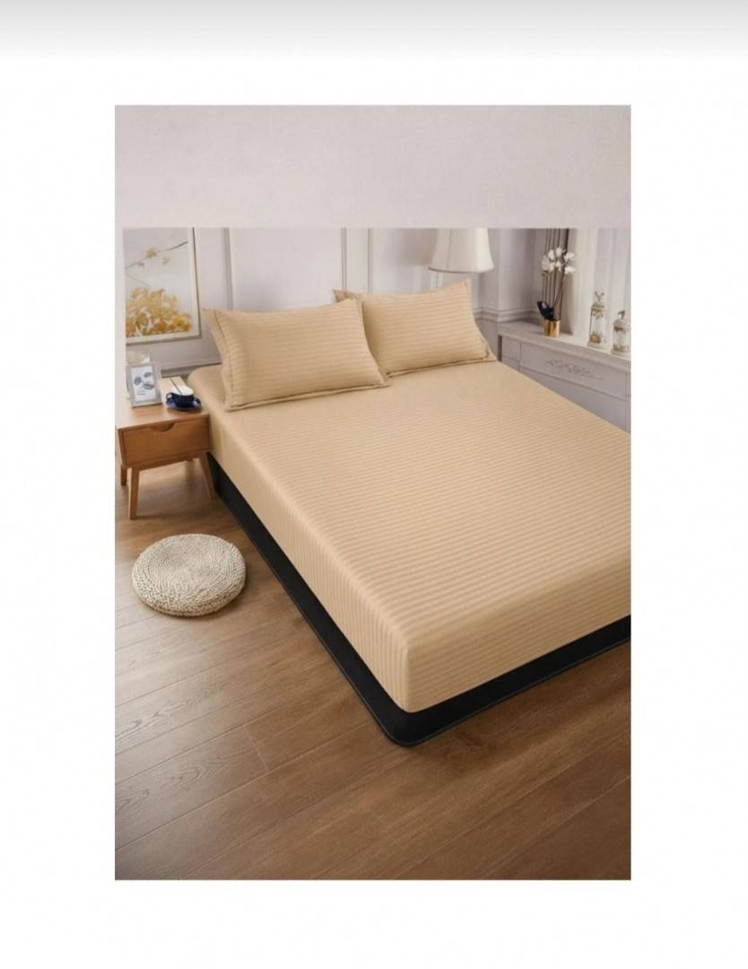 Cuvertură de pat cu elastic, 2 fețe de perna, damasc din bumbac, bej, 180x200 cm