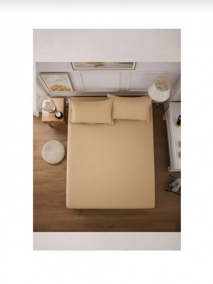 Cuvertură de pat cu elastic, 2 fețe de perna, damasc din bumbac, bej, 180x200 cm