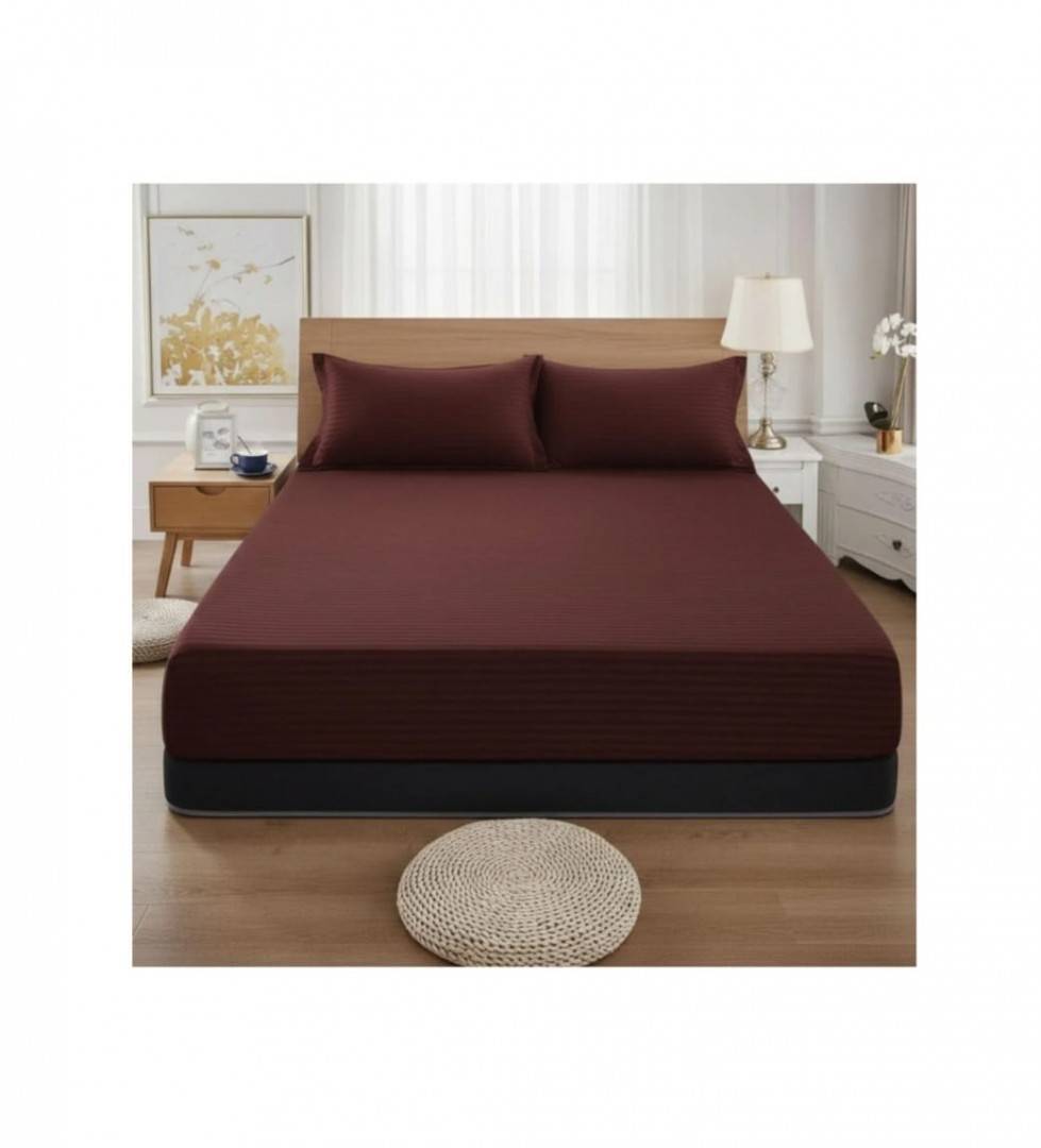 Cuvertură de pat cu elastic, 2 fețe de perna, damasc din bumbac, bordeaux, 180x200 cm