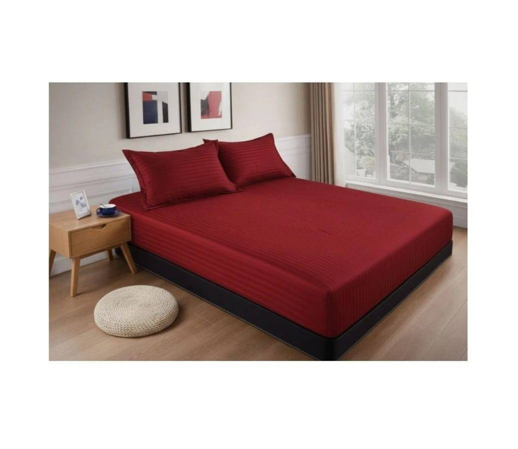 Cuvertură de pat cu elastic, 2 fețe de perna, damasc din bumbac, bordeaux aprins, 180x200 cm