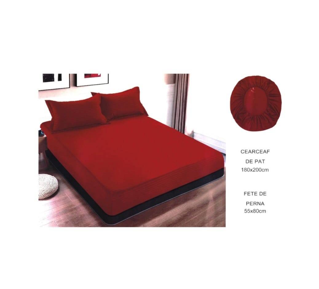 Cuvertură de pat cu elastic, 2 fețe de perna, damasc din bumbac, bordeaux aprins, 180x200 cm