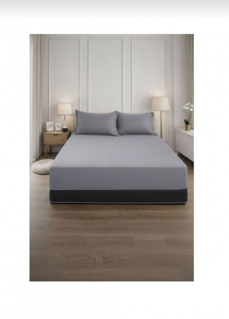 Cuvertură de pat cu elastic, 2 fețe de perna, damasc din bumbac, gri cenusiu, 180x200 cm