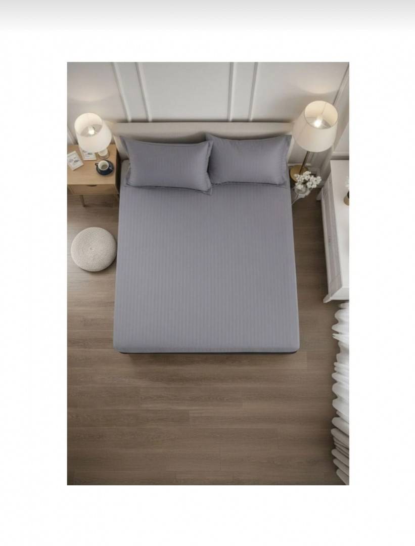 Cuvertură de pat cu elastic, 2 fețe de perna, damasc din bumbac, gri cenusiu, 180x200 cm