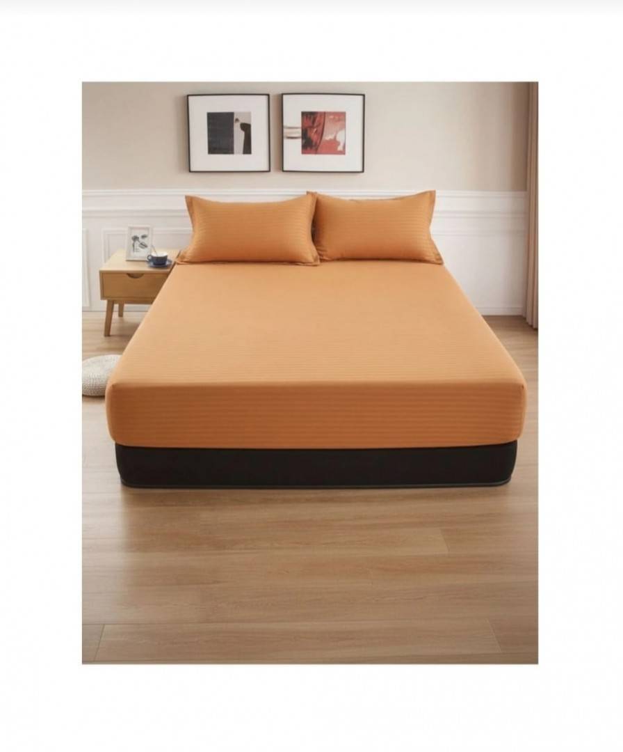 Cuvertură de pat cu elastic, 2 fețe de perna, damasc din bumbac, maro, 180x200 cm