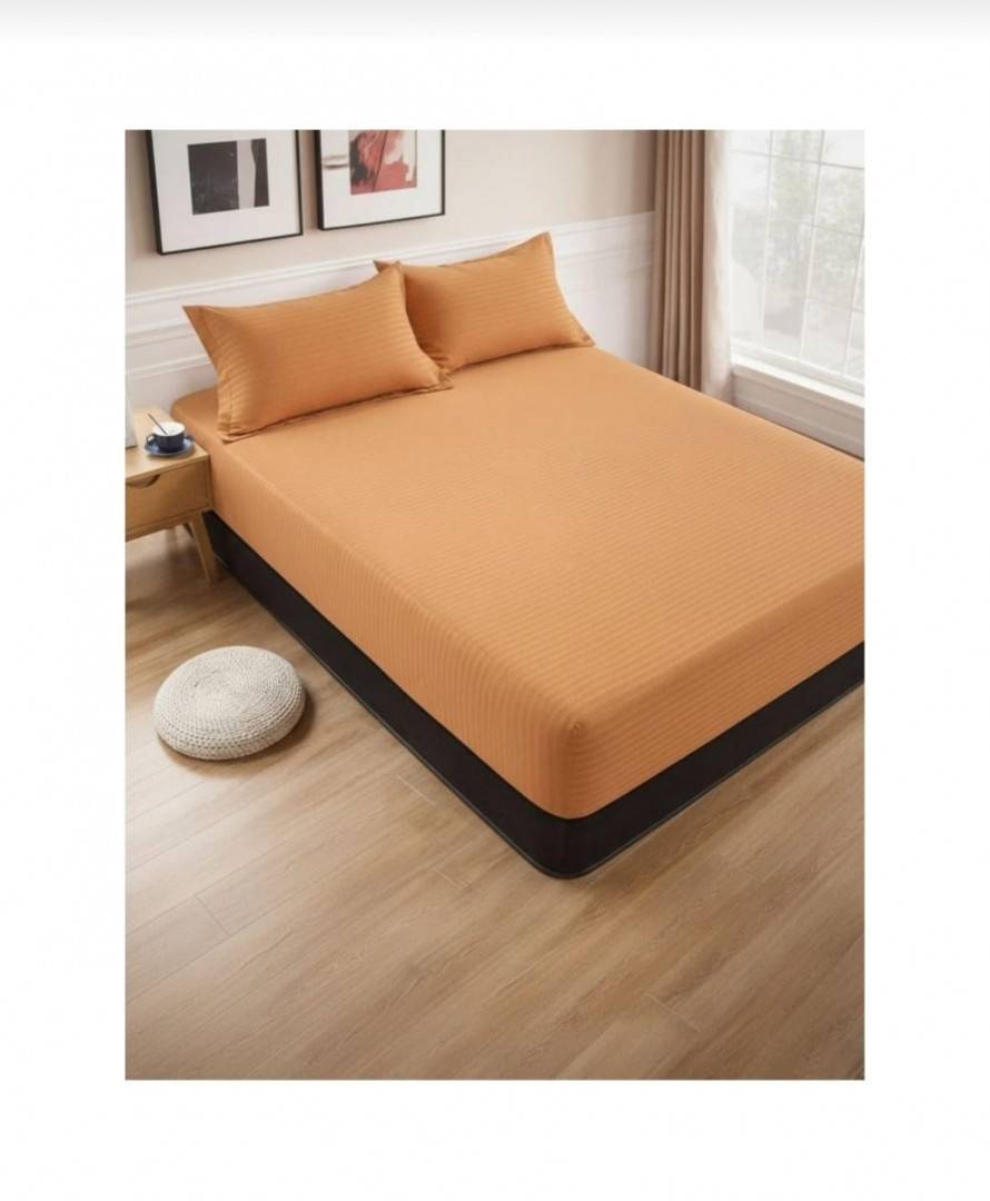 Cuvertură de pat cu elastic, 2 fețe de perna, damasc din bumbac, maro, 180x200 cm