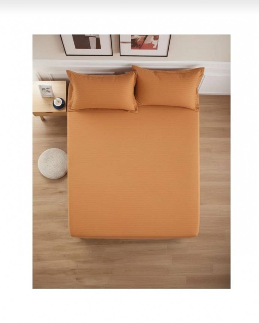 Cuvertură de pat cu elastic, 2 fețe de perna, damasc din bumbac, maro, 180x200 cm