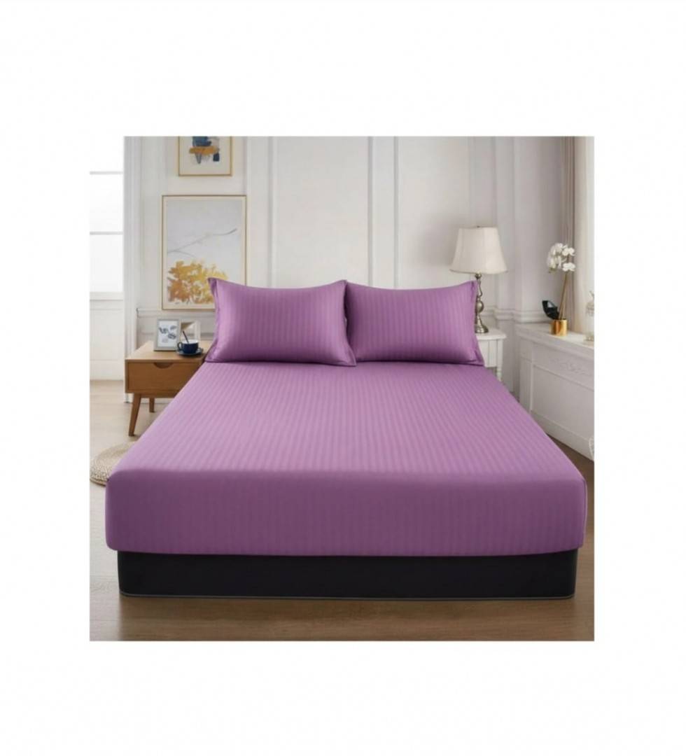 Cuvertură de pat cu elastic, 2 fețe de perna, damasc din bumbac, mov, 180x200 cm