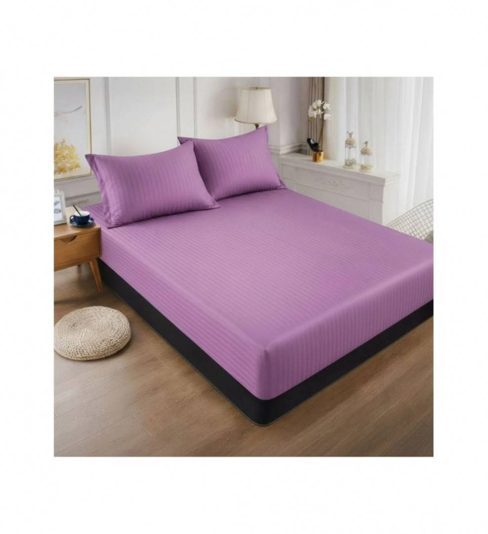Cuvertură de pat cu elastic, 2 fețe de perna, damasc din bumbac, mov, 180x200 cm