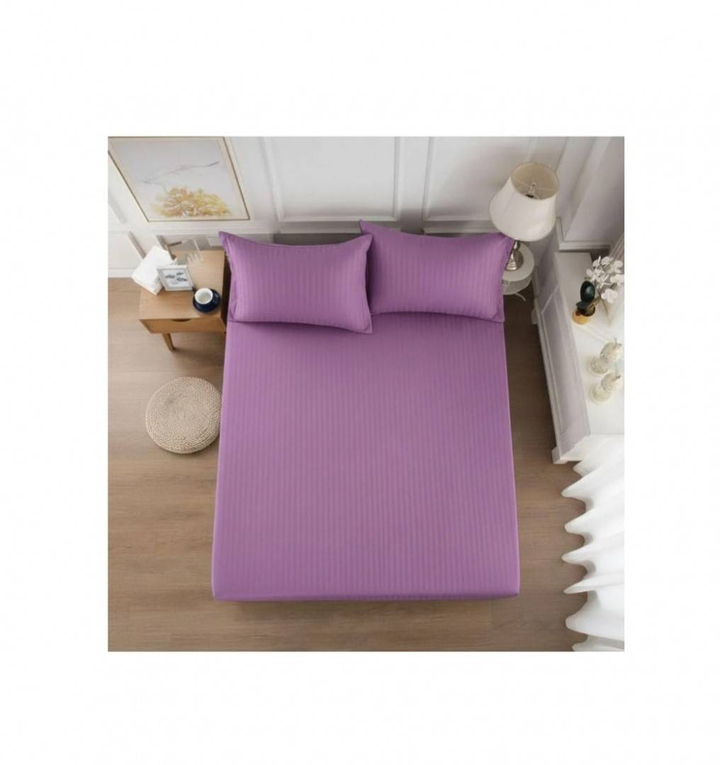 Cuvertură de pat cu elastic, 2 fețe de perna, damasc din bumbac, mov, 180x200 cm