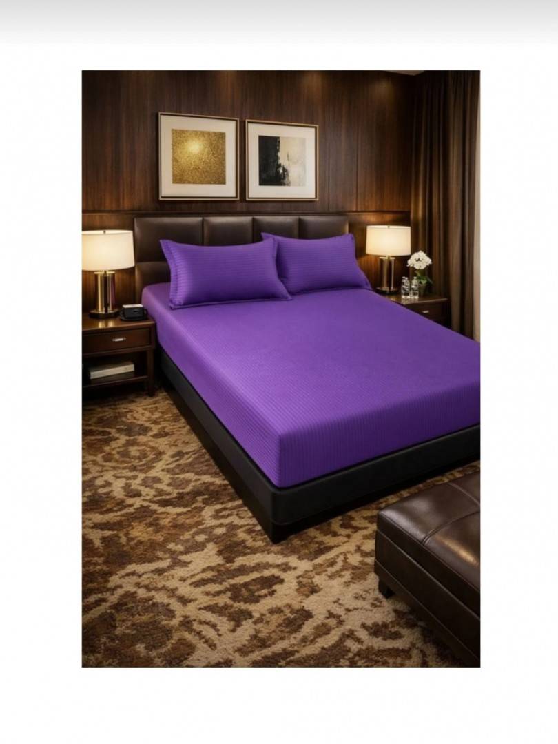 Cuvertură de pat cu elastic, 2 fețe de perna, damasc din bumbac, mov inchis, 180x200 cm