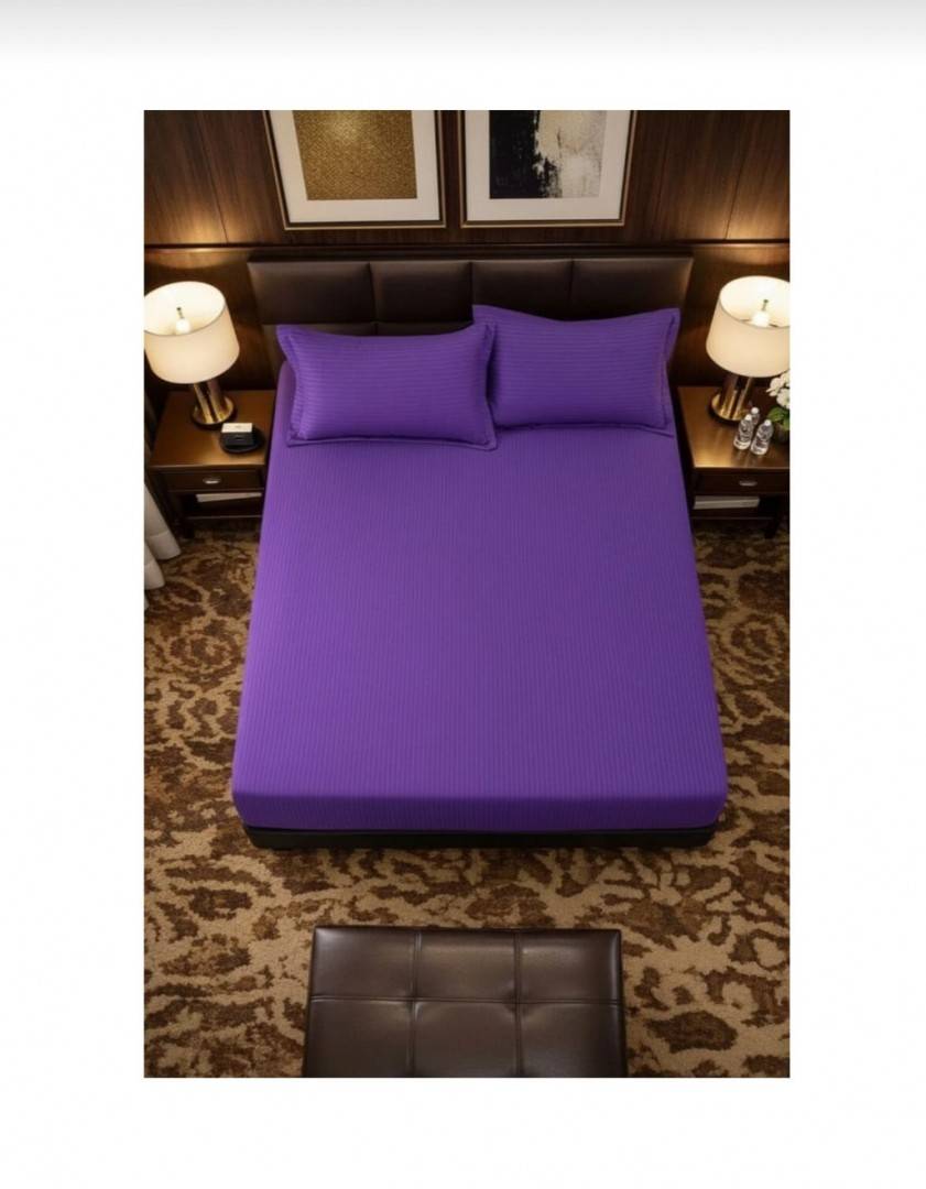 Cuvertură de pat cu elastic, 2 fețe de perna, damasc din bumbac, mov inchis, 180x200 cm