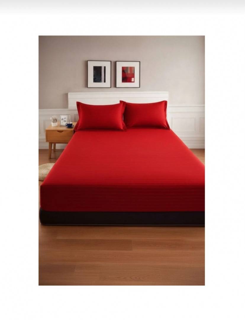 Cuvertură de pat cu elastic, 2 fețe de perna, damasc din bumbac, rosu, 180x200 cm