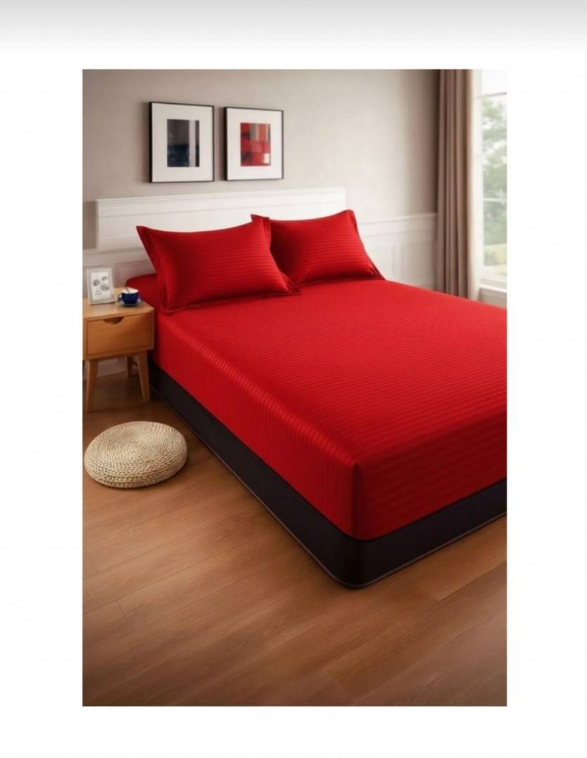 Cuvertură de pat cu elastic, 2 fețe de perna, damasc din bumbac, rosu, 180x200 cm