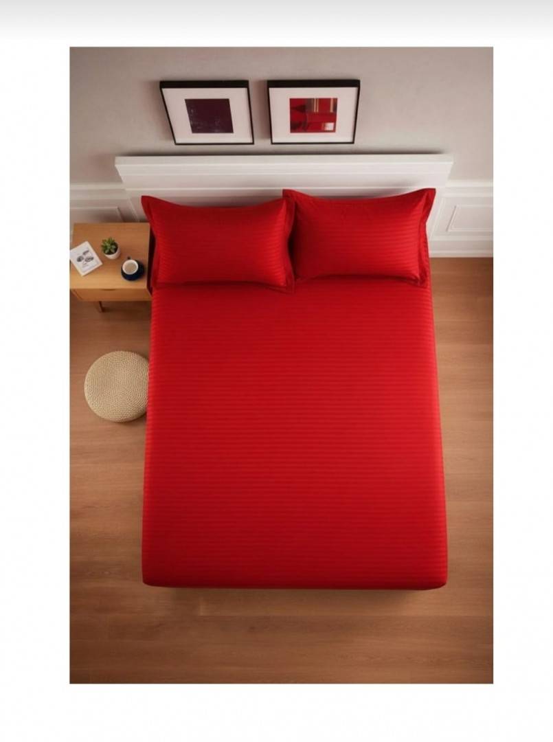 Cuvertură de pat cu elastic, 2 fețe de perna, damasc din bumbac, rosu, 180x200 cm