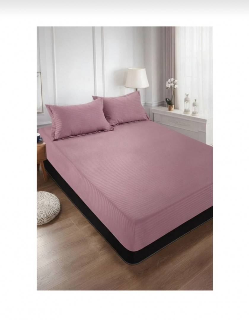 Cuvertură de pat cu elastic, 2 fețe de perna, damasc din bumbac, roz, 180x200 cm