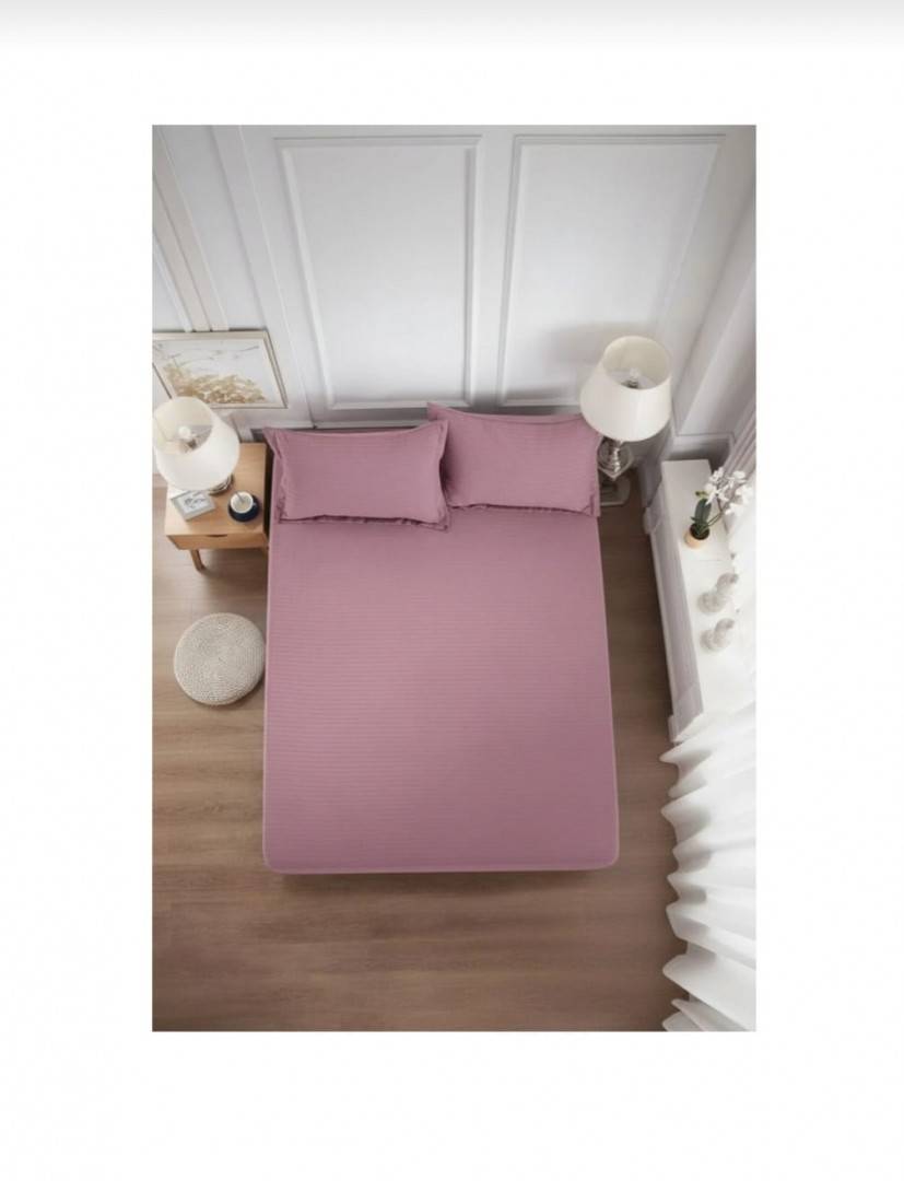 Cuvertură de pat cu elastic, 2 fețe de perna, damasc din bumbac, roz, 180x200 cm
