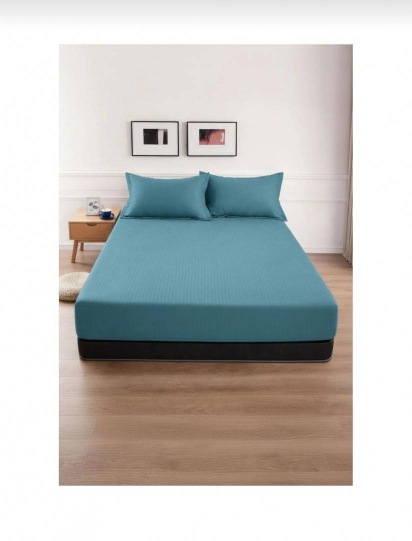Cuvertură de pat cu elastic, 2 fețe de perna, damasc din bumbac, turcoaz, 180x200 cm