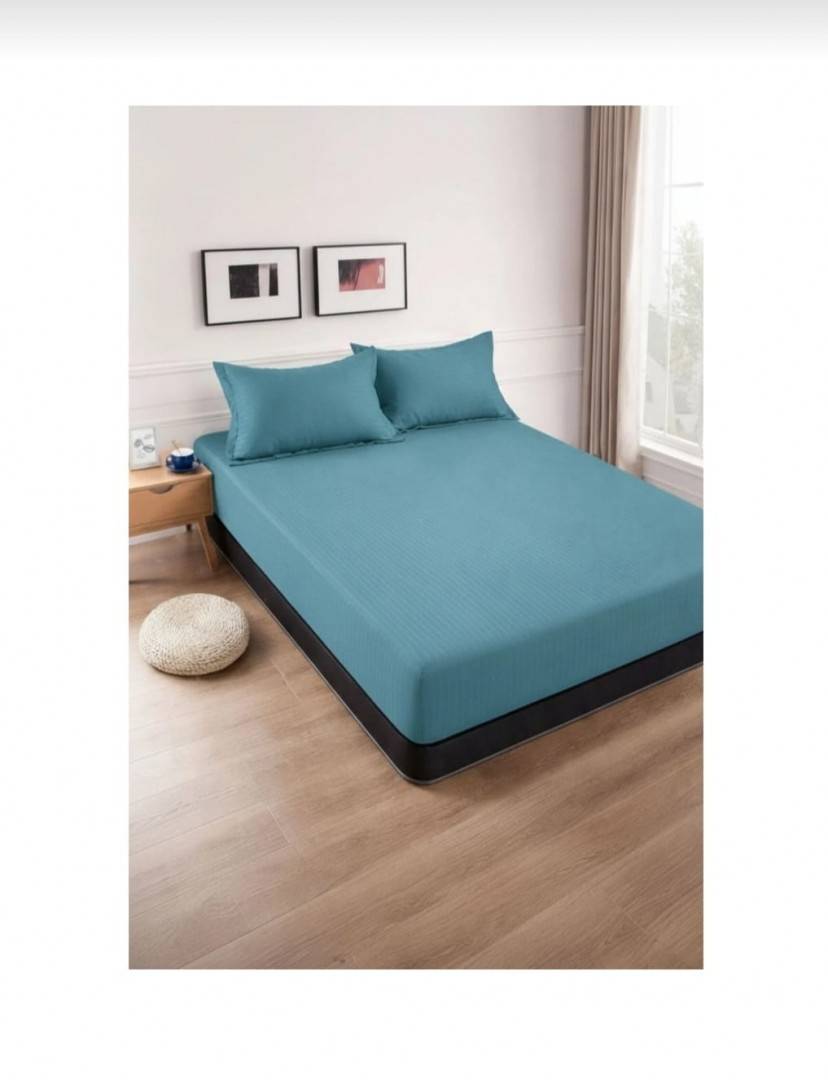 Cuvertură de pat cu elastic, 2 fețe de perna, damasc din bumbac, turcoaz, 180x200 cm