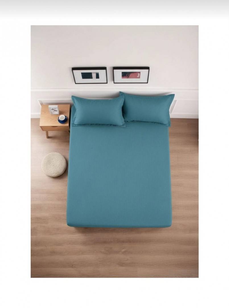 Cuvertură de pat cu elastic, 2 fețe de perna, damasc din bumbac, turcoaz, 180x200 cm