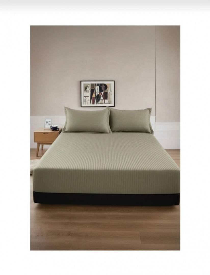 Cuvertură de pat cu elastic, 2 fețe de perna, damasc din bumbac, vernil, 180x200 cm