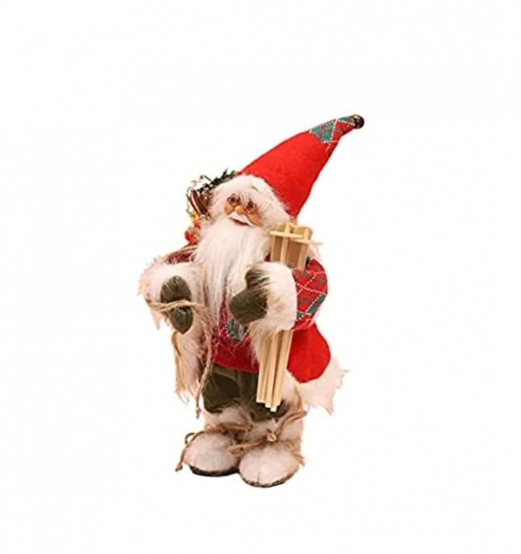 Decoratiuni de Craciun, Mos Craciun cu schiuri si sac, rosu/alb, 40 cm