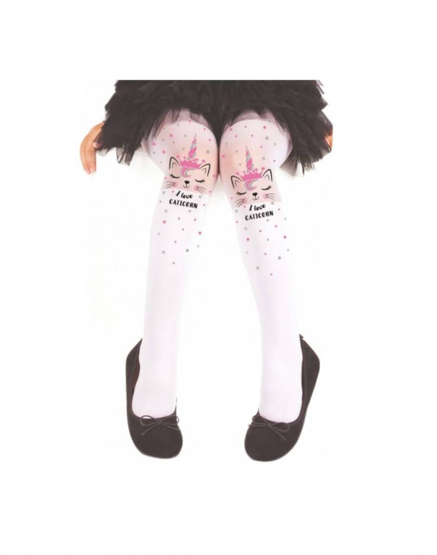 Dres lycra fetite, model Pisica Unicorn, alb, marimea 5 ani - 10 ani