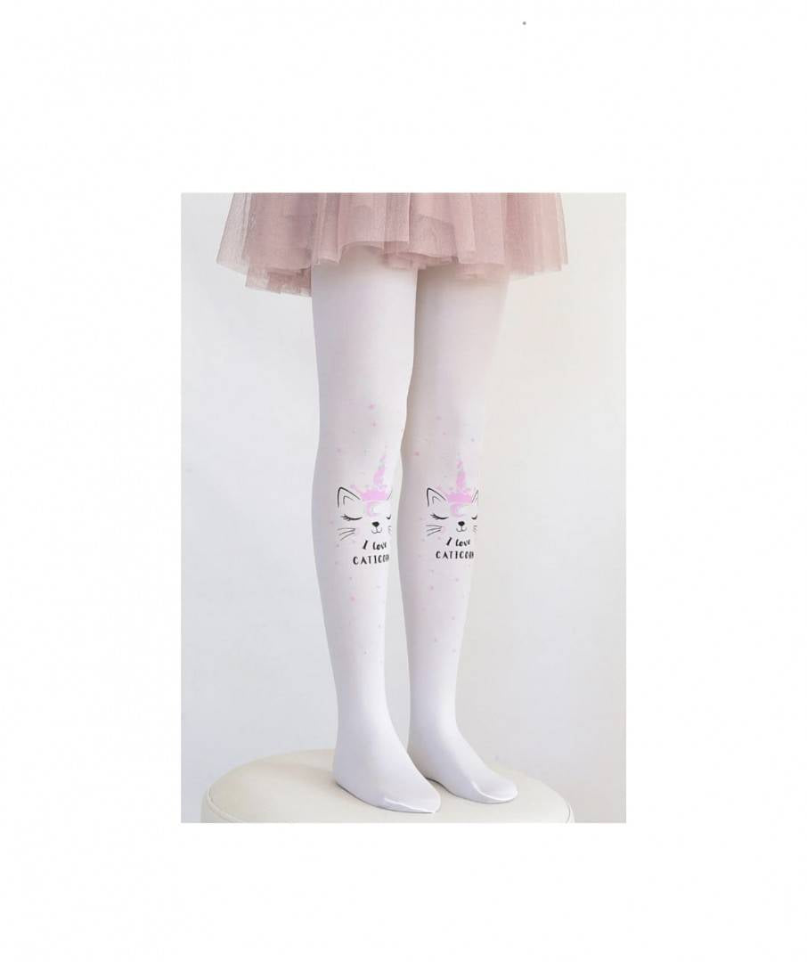 Dres lycra fetite, model Pisica Unicorn, alb, marimea 5 ani - 10 ani