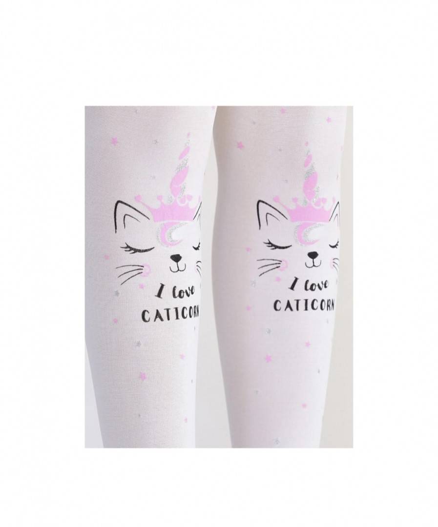 Dres lycra fetite, model Pisica Unicorn, alb, marimea 5 ani - 10 ani