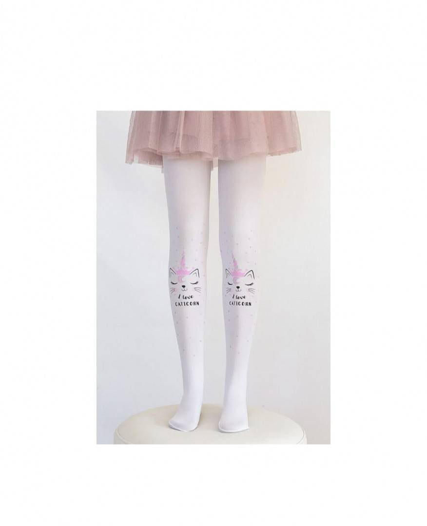 Dres lycra fetite, model Pisica Unicorn, alb, marimea 5 ani - 10 ani