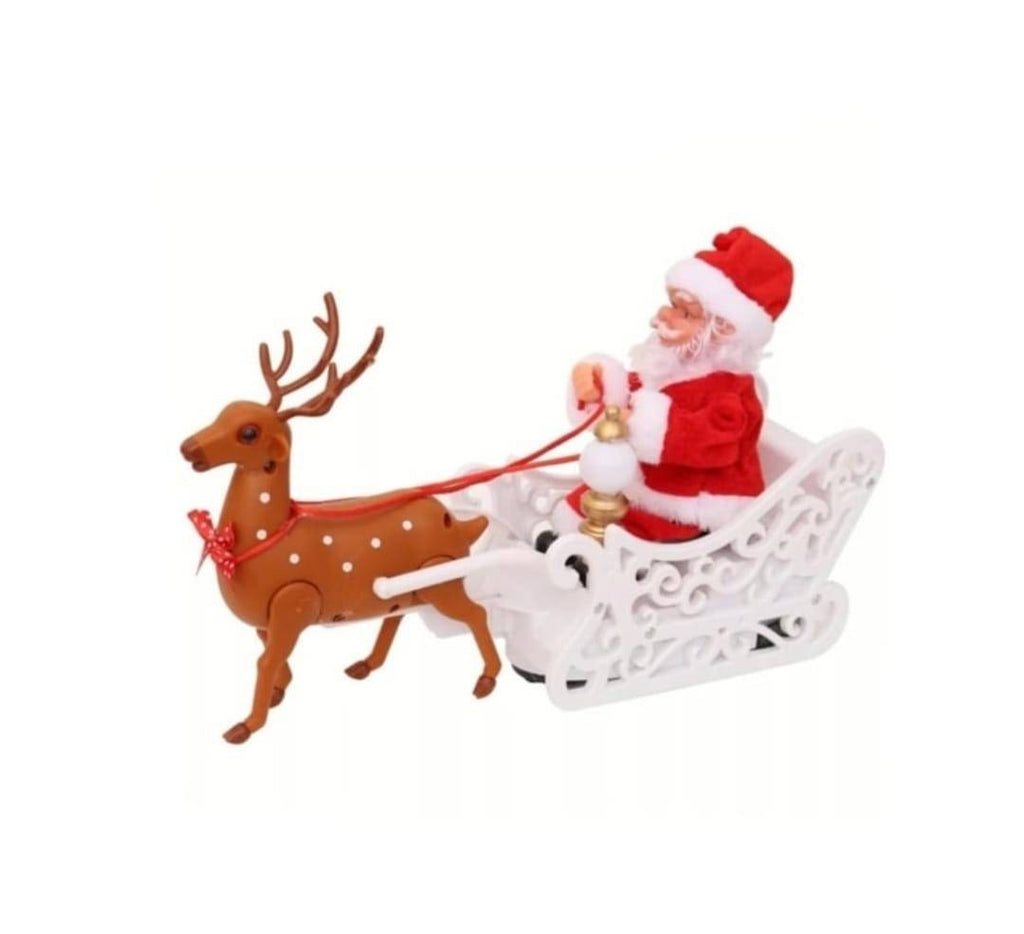 Figurina de Craciun, Mos Craciun cu sanie si ren, sunete si lumini, multicolor, 28 cm