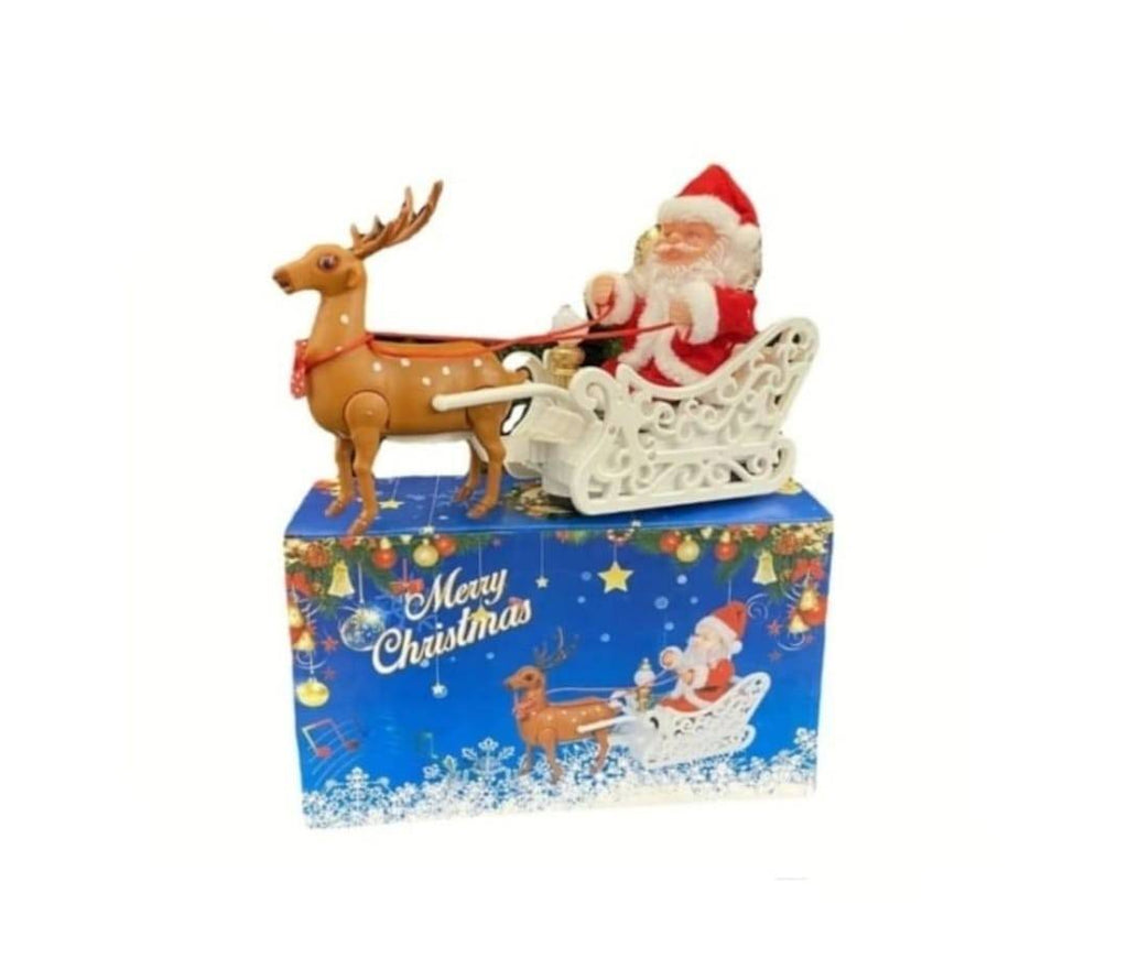 Figurina de Craciun, Mos Craciun cu sanie si ren, sunete si lumini, multicolor, 28 cm