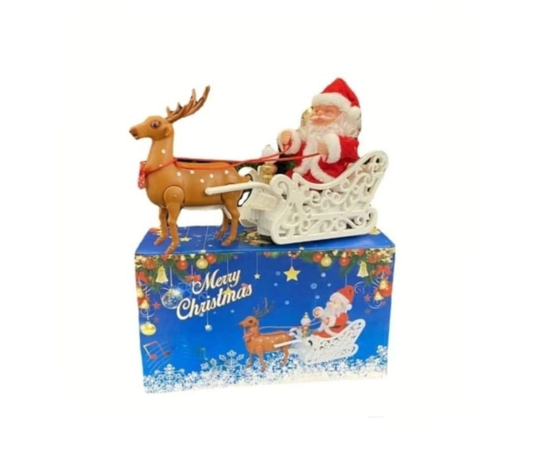 Figurina de Craciun, Mos Craciun cu sanie si ren, sunete si lumini, multicolor, 28 cm