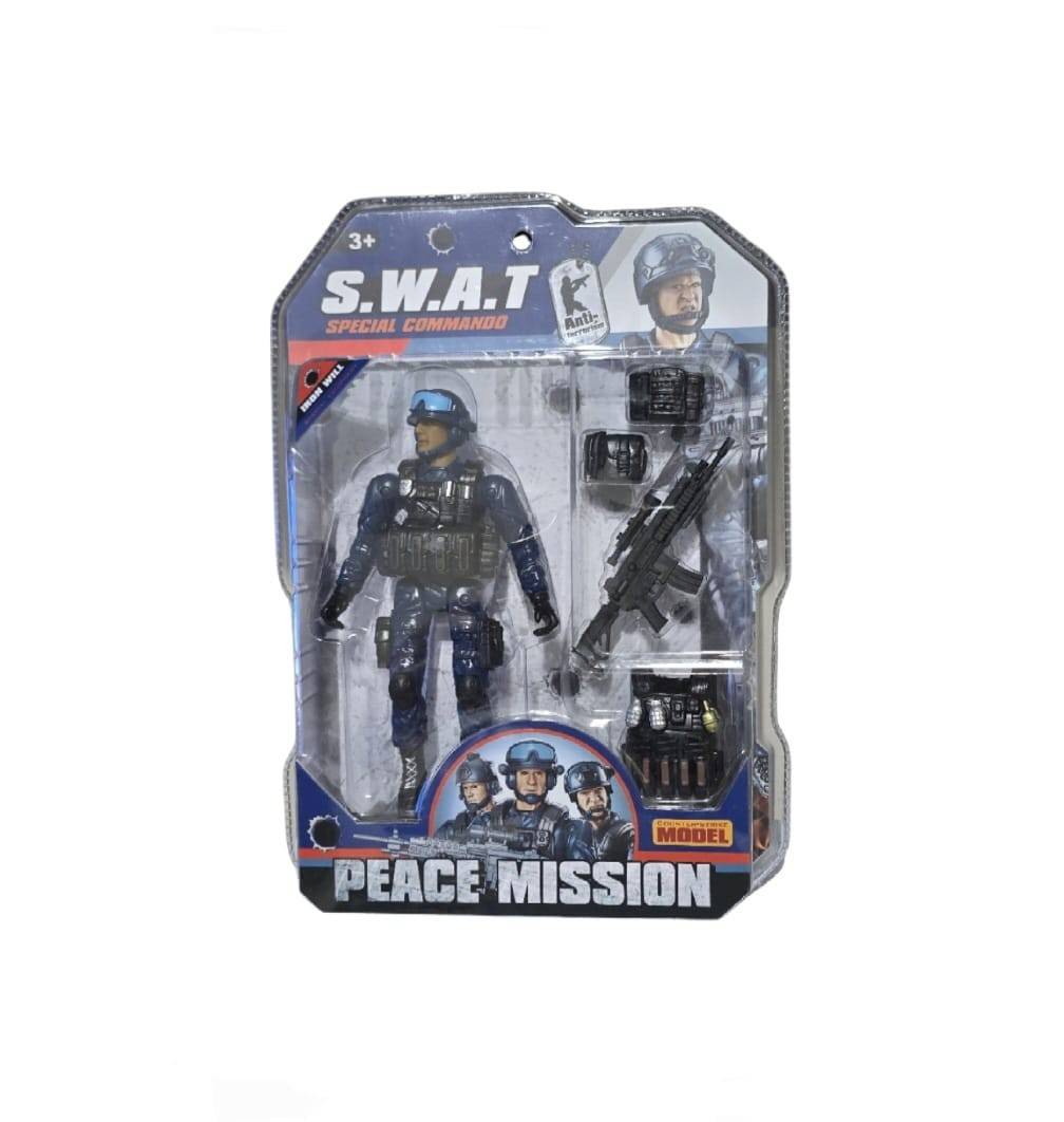 Figurina Soldat cu pusca, 4 accesorii, albastru/negru, 18 cm
