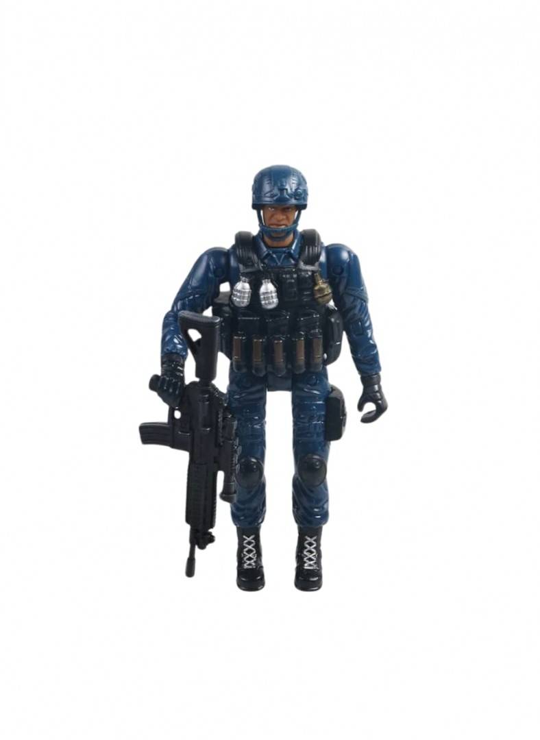 Figurina Soldat cu pusca, 4 accesorii, albastru/negru, 18 cm