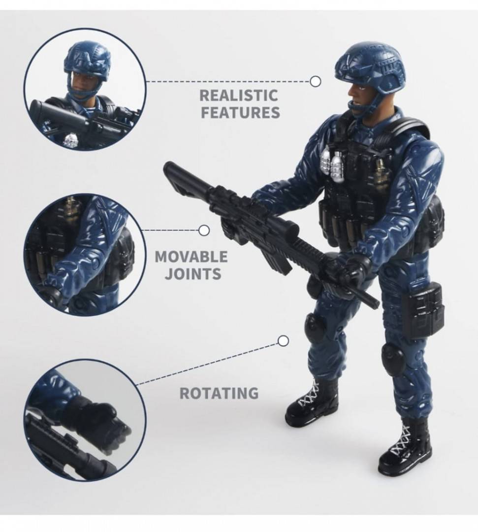 Figurina Soldat cu pusca, 4 accesorii, albastru/negru, 18 cm