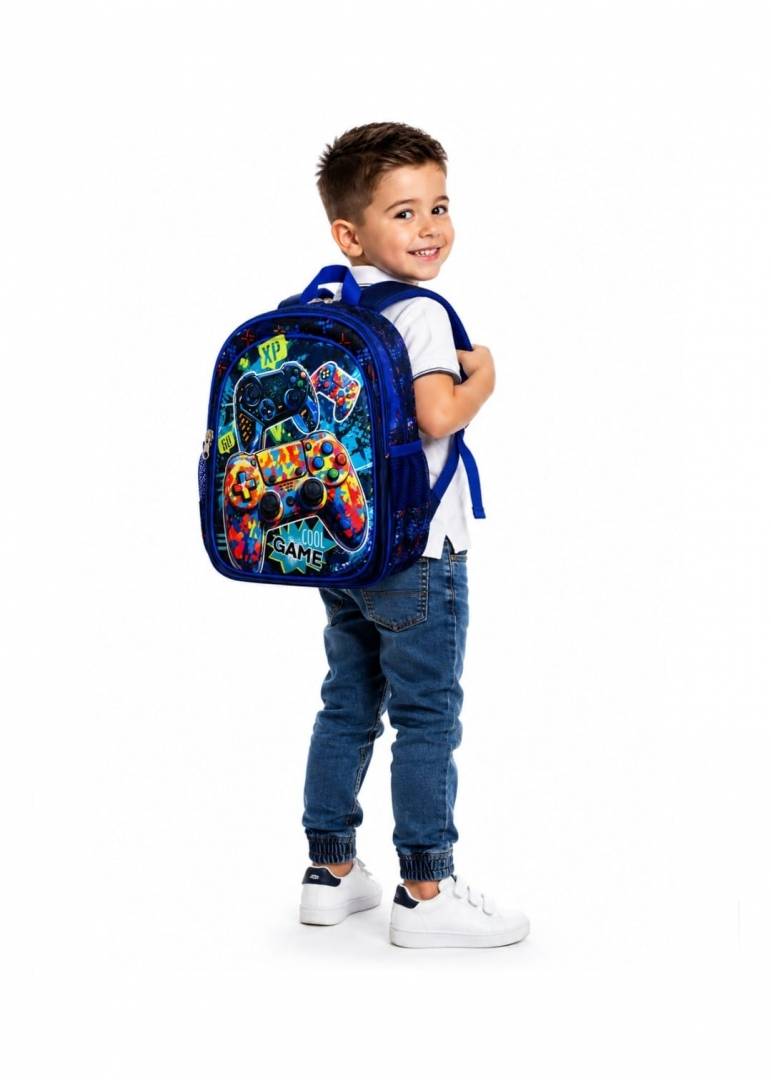 Ghiozdan gradinita, model Cool Game, 3 ani - 5 ani, albastru/multicolor, 30 cm