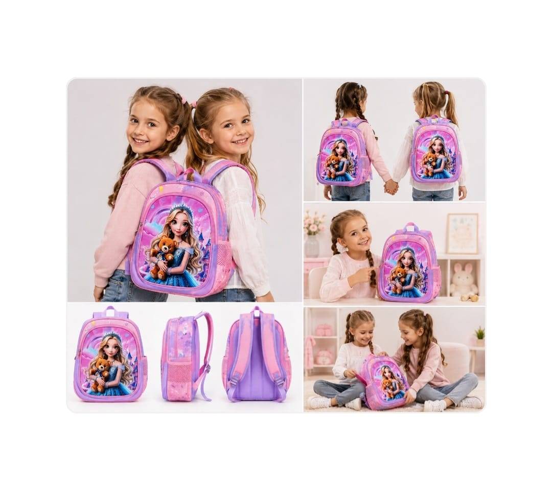 Ghiozdan gradinita, model Printesa, 3 ani - 5 ani, roz/mov, 30 cm