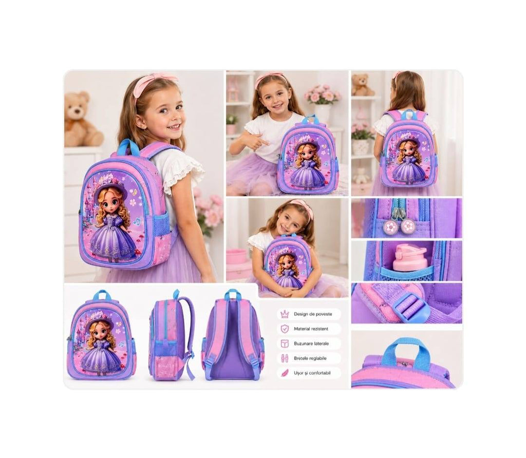 Ghiozdan gradinita, model Printesa, 3 ani - 5 ani, mov, 30 cm