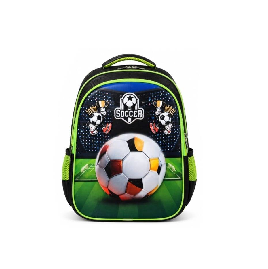 Ghiozdan scolar pentru baieti, model Fotbal, penar asortat, verde, 6 ani - 9 ani, 38 x 28 x 15