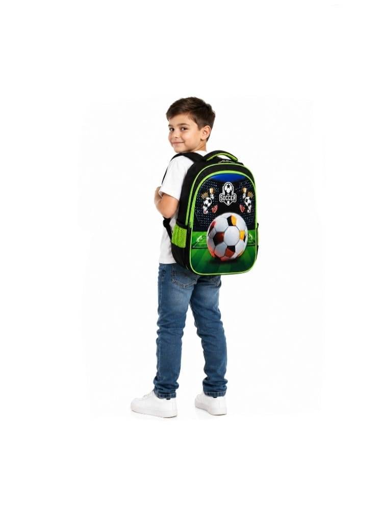Ghiozdan scolar pentru baieti, model Fotbal, penar asortat, verde, 6 ani - 9 ani, 38 x 28 x 15