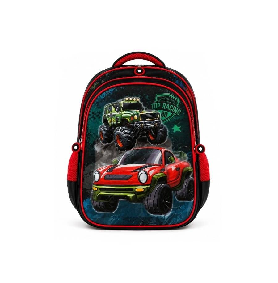 Ghiozdan scolar pentru baieti, model Masinute, 3D, rosu/ albastru, 6 ani - 8 ani, 37 x 28 x 15