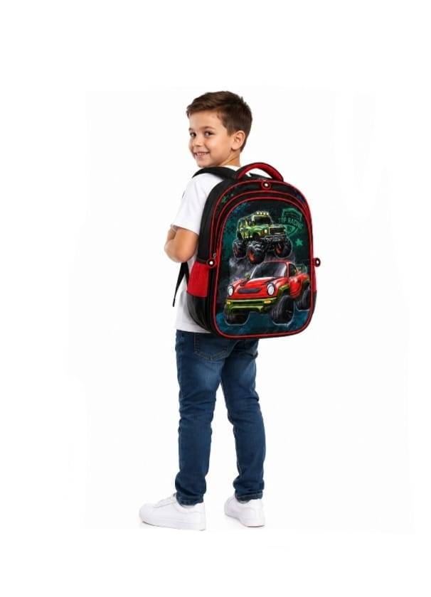 Ghiozdan scolar pentru baieti, model Masinute, 3D, rosu/ albastru, 6 ani - 8 ani, 37 x 28 x 15