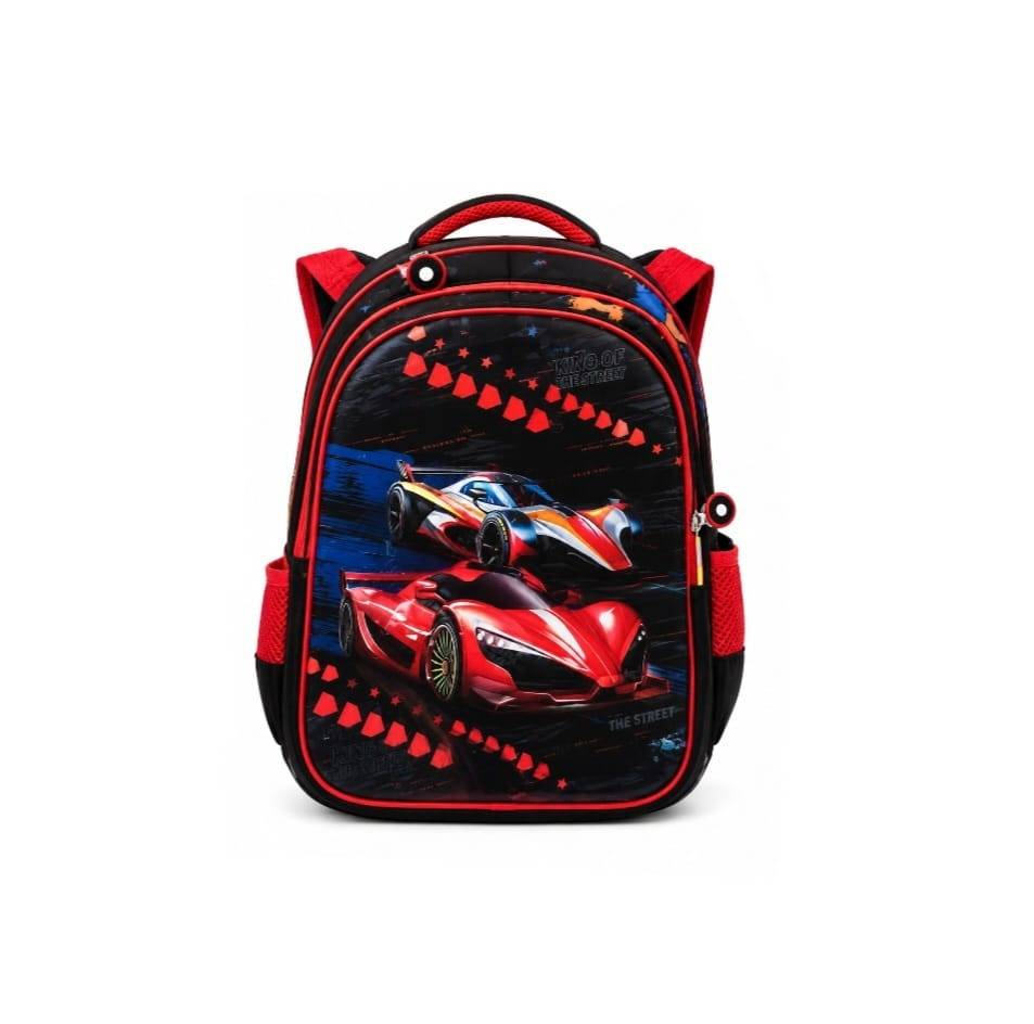 Ghiozdan scolar pentru baieti, model Masinute, 3D, rosu/multicolor, 6 ani - 8 ani, 37 x 28 x 15